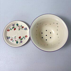 Strawberry Blueberry Fruit Flower Ceramic Colander with Tray Cottage Farmhouse